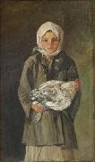 Ion Andreescu Girl holding a chicken oil painting on canvas